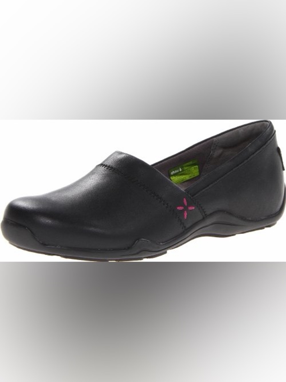 Ahnu Jackie Black Leather Slip-On Moccasin Clogs Pink Stitch Detail Size 7.5
